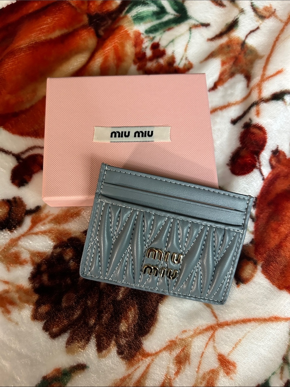 Miu Miu Blue Quilted Leather Card & Key Holder with Gold Logo